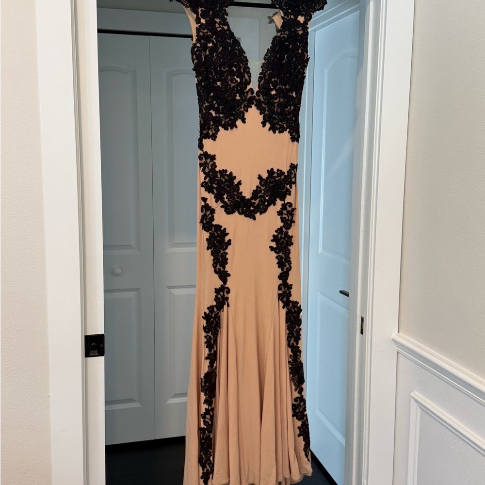 Jovani Tan and Cream Plunge Neck Prom Gown